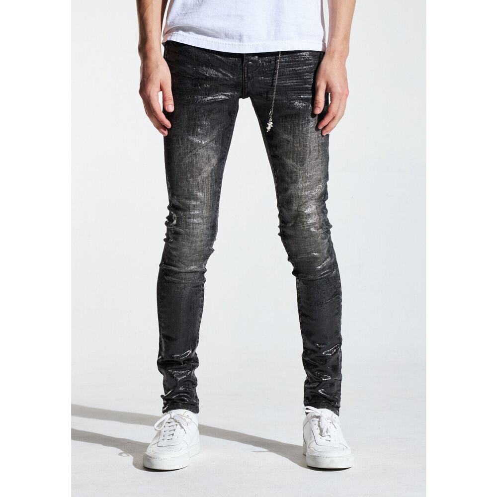 En Noir Men's Cash Black Wax Coated Skinny Fit Denim Jeans